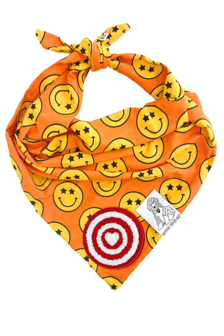 Dog Bandana Star Smiley Face - Orange - Customize by adding Interchangeable Velcro Embroidered Patches