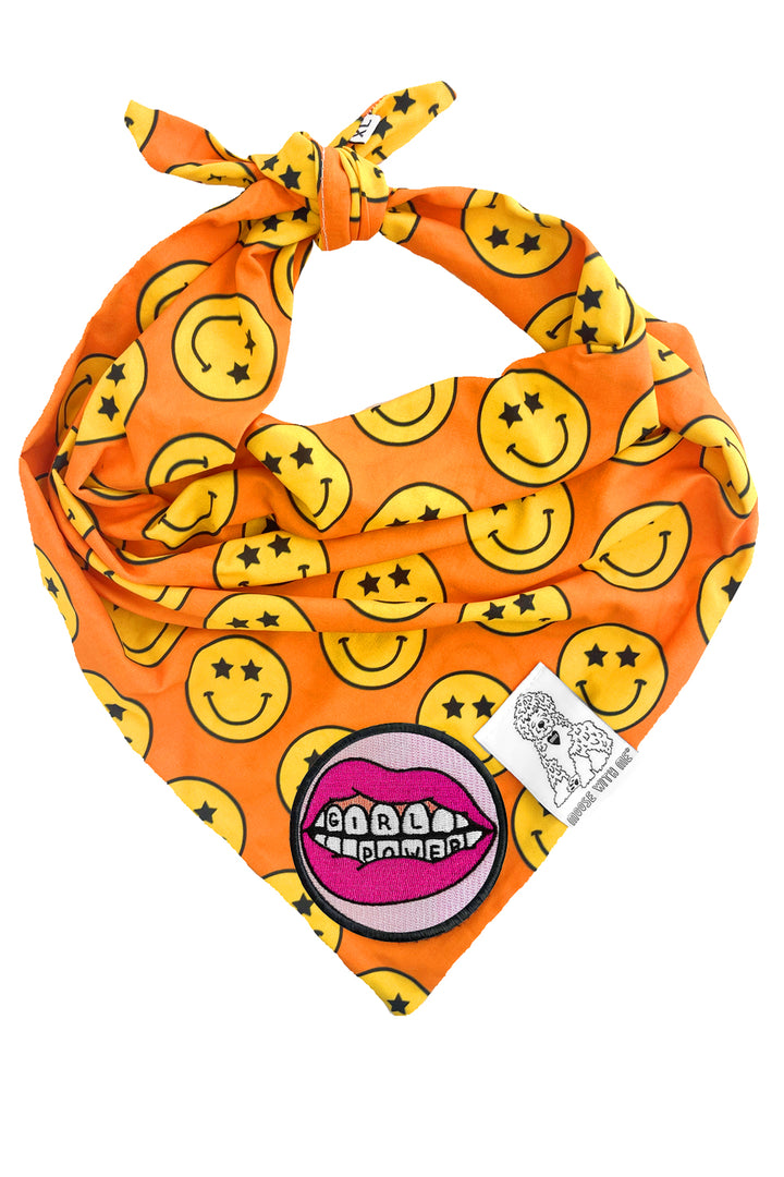 Dog Bandana Star Smiley Face - Orange - Customize by adding Interchangeable Velcro Embroidered Patches