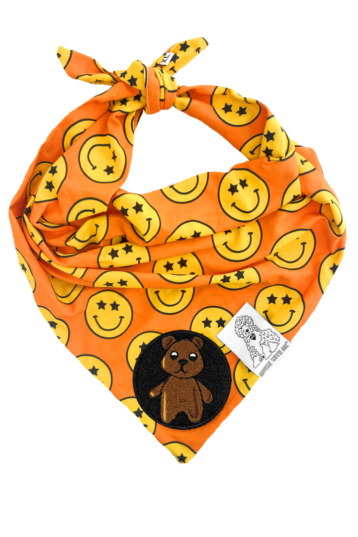 Dog Bandana Star Smiley Face - Orange - Customize by adding Interchangeable Velcro Embroidered Patches