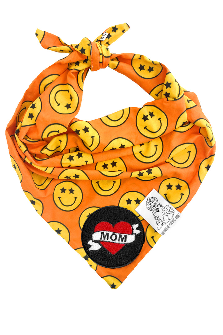 Dog Bandana Star Smiley Face - Orange - Customize by adding Interchangeable Velcro Embroidered Patches