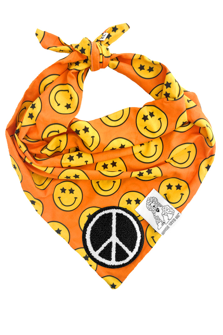 Dog Bandana Star Smiley Face - Orange - Customize by adding Interchangeable Velcro Embroidered Patches