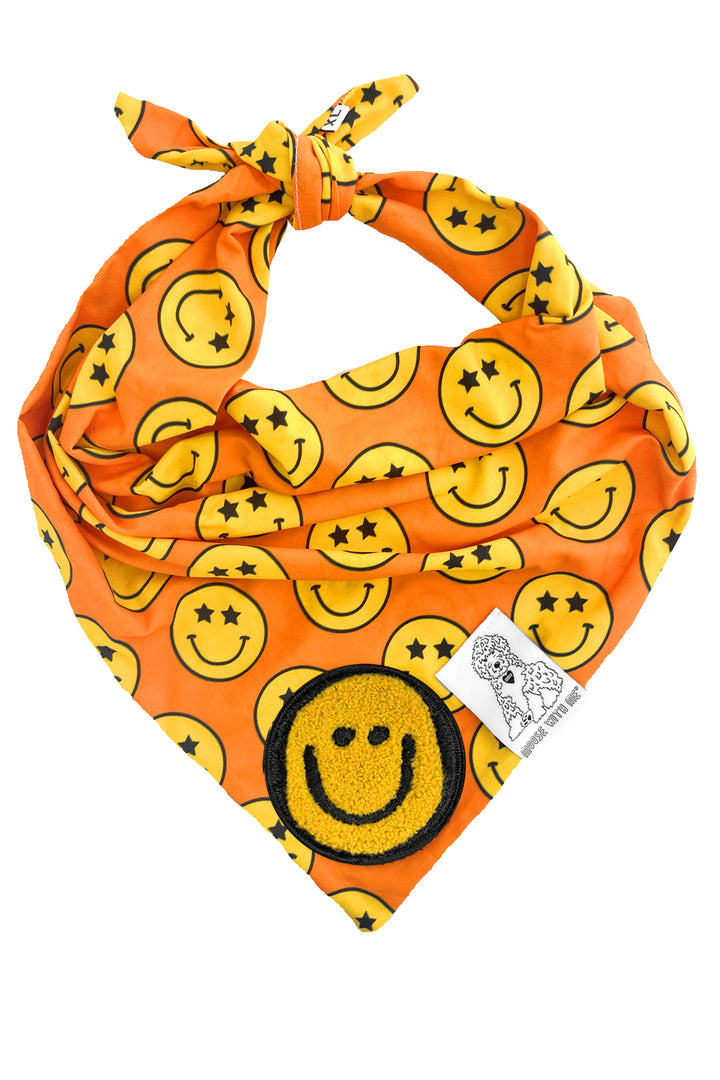 Dog Bandana Star Smiley Face - Orange - Customize by adding Interchangeable Velcro Embroidered Patches