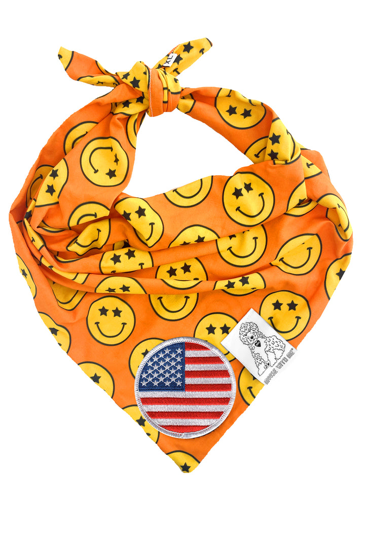 Dog Bandana Star Smiley Face - Orange - Customize by adding Interchangeable Velcro Embroidered Patches
