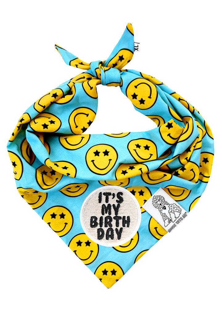 Dog Bandana Star Smiley Face - Aqua - Customize by adding Interchangeable Velcro Embroidered Patches