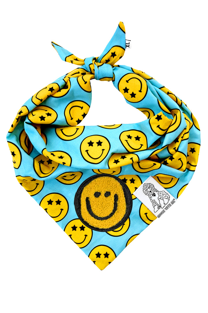 Dog Bandana Star Smiley Face - Aqua - Customize by adding Interchangeable Velcro Embroidered Patches