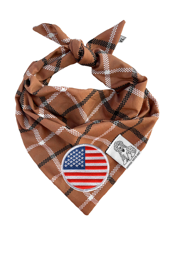 Dog Bandana Plaid - Brown - Customize by adding Interchangeable Velcro Embroidered Patches