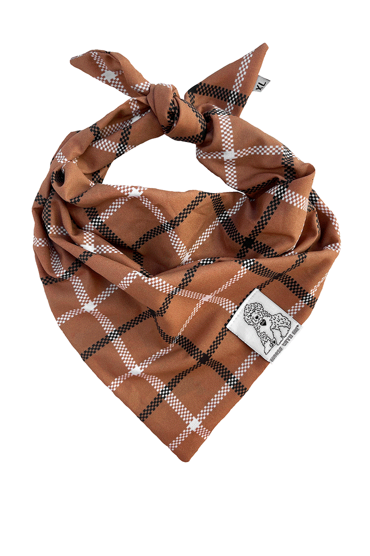 Dog Bandana Plaid - Brown - Customize by adding Interchangeable Velcro Embroidered Patches