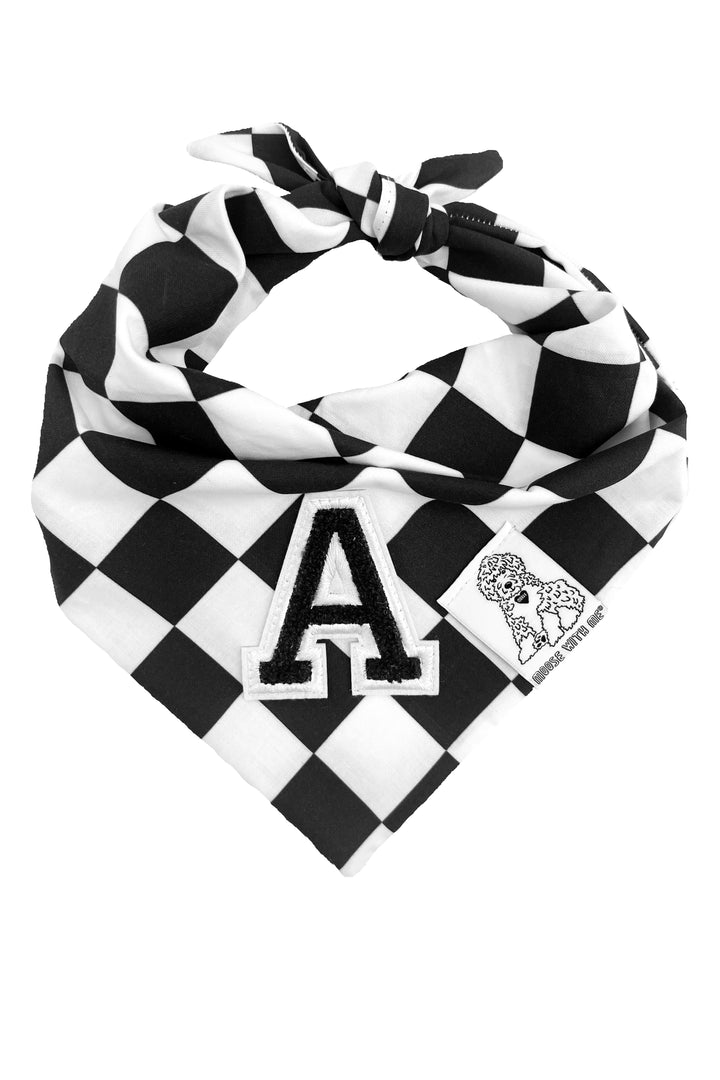 Dog Bandana Checkered Print - Black - Customize by adding Interchangeable Velcro Embroidered Patches