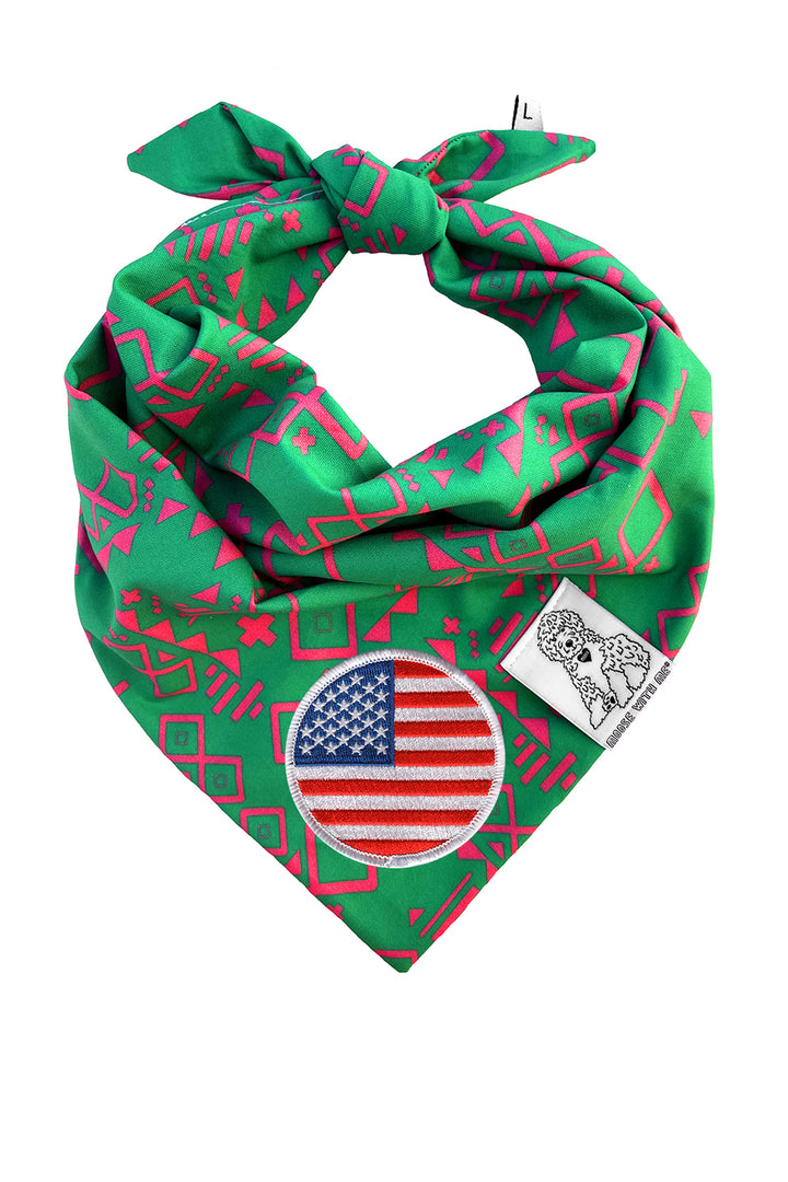 Dog Bandana Aztec - Green - Customize by adding Interchangeable Velcro Embroidered Patches
