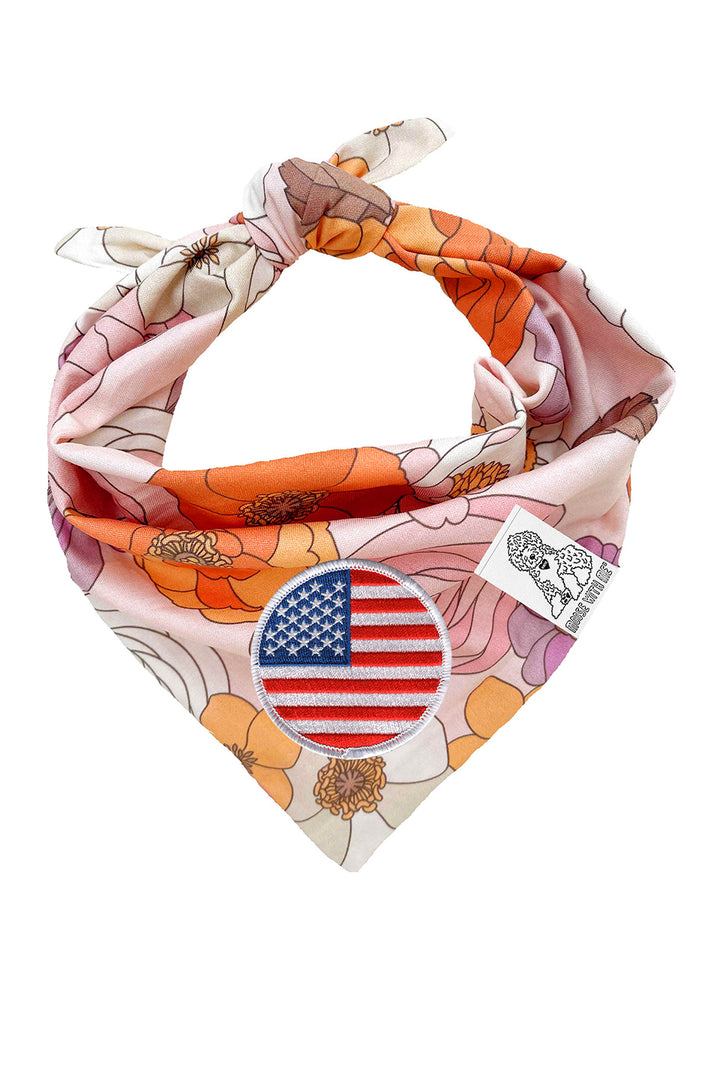 Dog Bandana Groovy Floral - Pink - Customize by adding Interchangeable Velcro Embroidered Patches