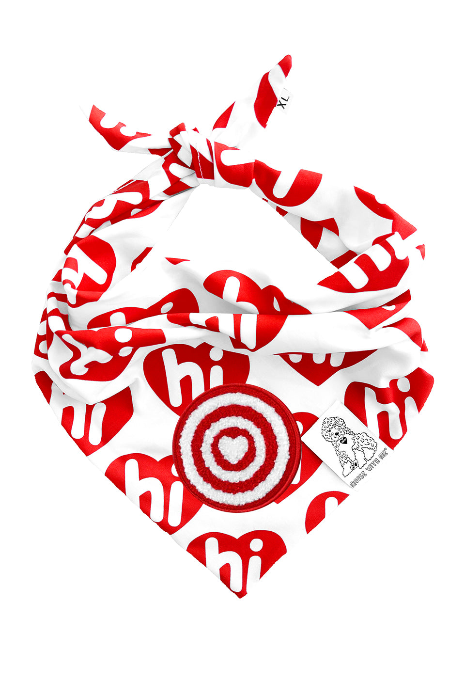 Dog Bandana Hi Hearts - Red - Customize by adding Interchangeable Velcro Embroidered Patches