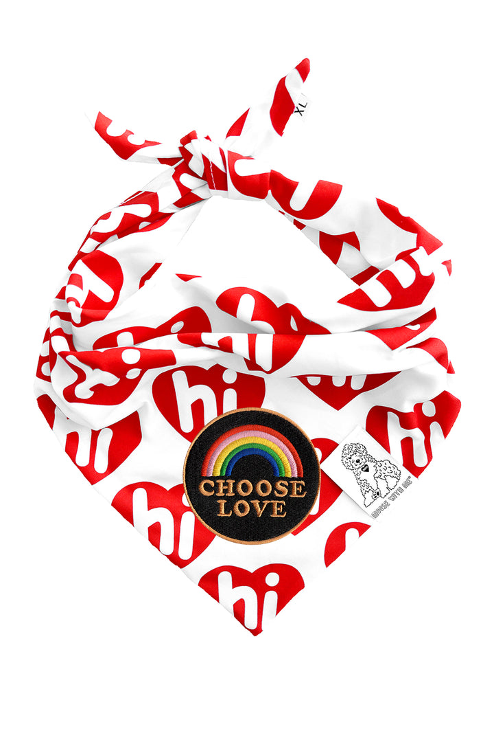 Dog Bandana Hi Hearts - Red - Customize by adding Interchangeable Velcro Embroidered Patches