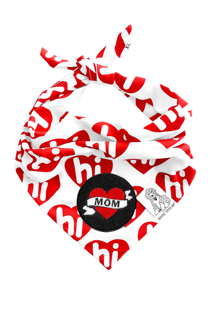 Dog Bandana Hi Hearts - Red - Customize by adding Interchangeable Velcro Embroidered Patches