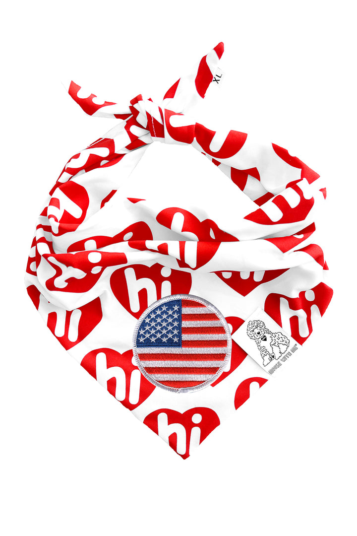 Dog Bandana Hi Hearts - Red - Customize by adding Interchangeable Velcro Embroidered Patches