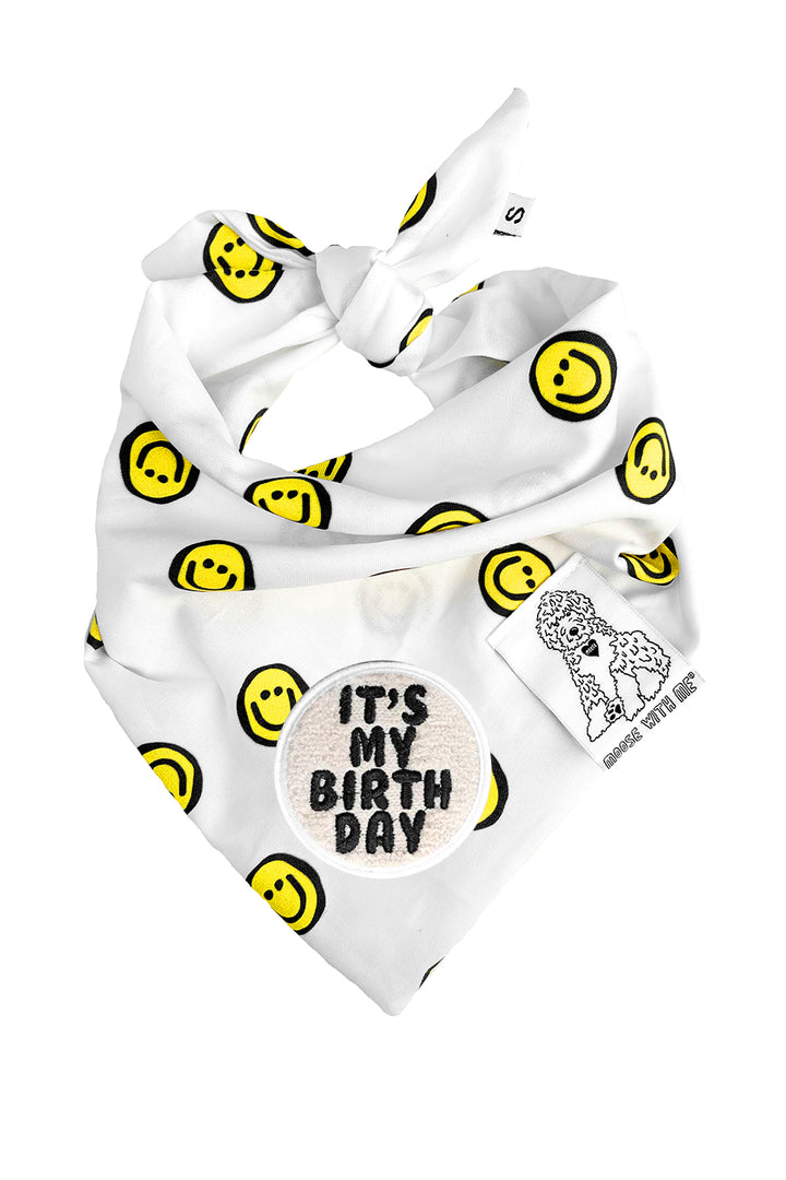 Dog Bandana Happy Face - Yellow - Customize by adding Interchangeable Velcro Embroidered Patches