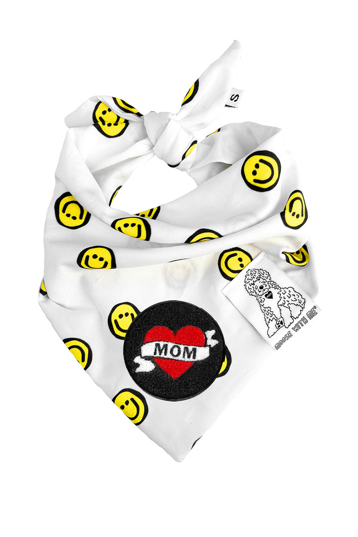 Dog Bandana Happy Face - Yellow - Customize by adding Interchangeable Velcro Embroidered Patches