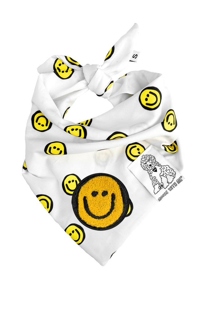 Dog Bandana Happy Face - Yellow - Customize by adding Interchangeable Velcro Embroidered Patches