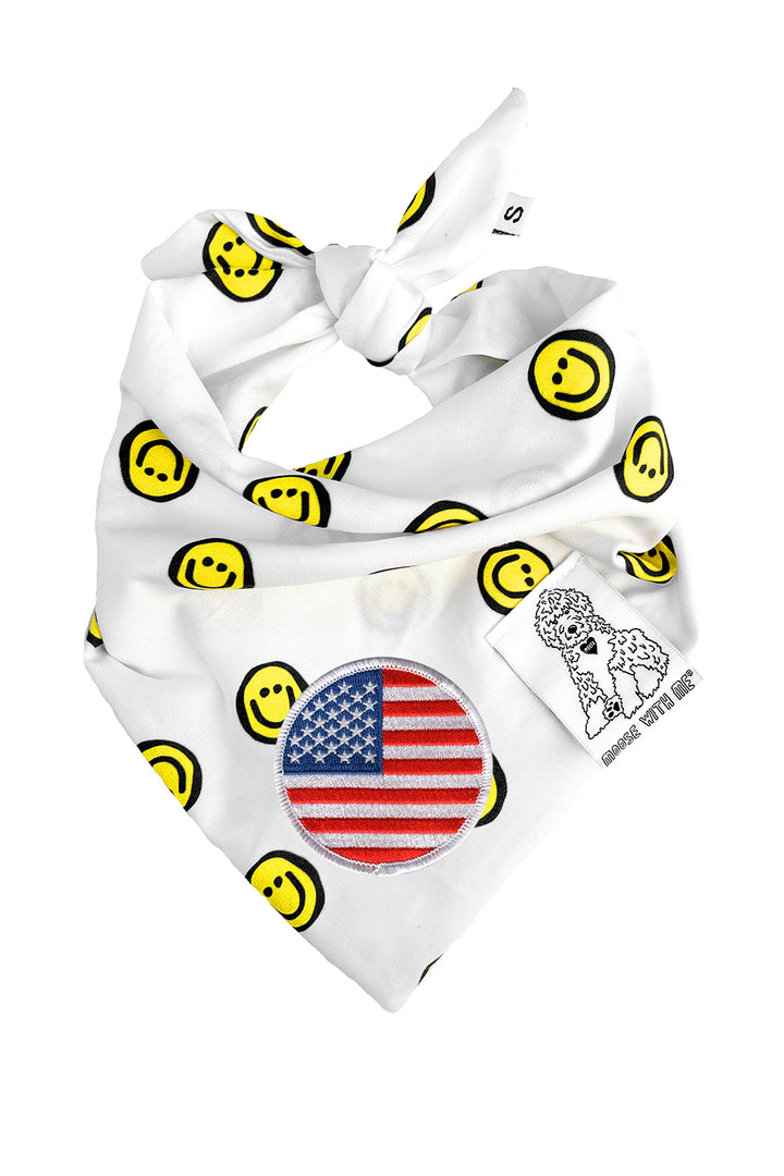 Dog Bandana Happy Face - Yellow - Customize by adding Interchangeable Velcro Embroidered Patches