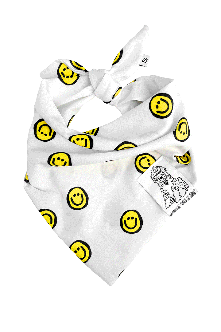 Dog Bandana Happy Face - Yellow - Customize by adding Interchangeable Velcro Embroidered Patches