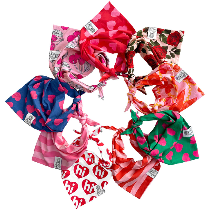 Dog Bandana Hi Hearts - Red - Customize by adding Interchangeable Velcro Embroidered Patches