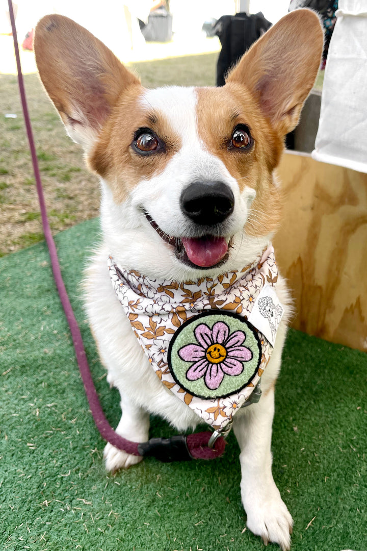Dog Bandana Floral - Cream - Customize by adding Interchangeable Velcro Embroidered Patches