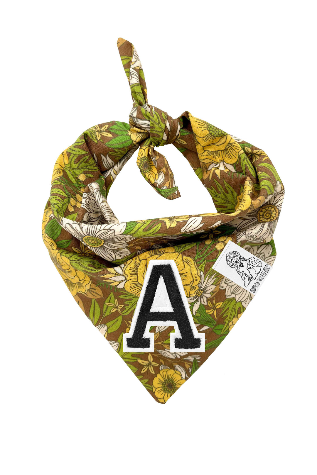 Dog Bandana 60's Floral - Brown - Customize by adding Interchangeable Velcro Embroidered Patches